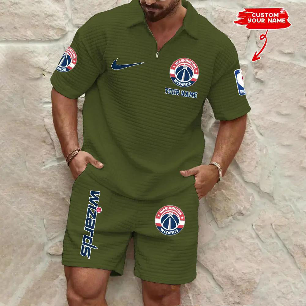 Washington Wizards Men’s Waffle Pattern Half Zipper Shirt And Shorts AZBT2DWSS000203