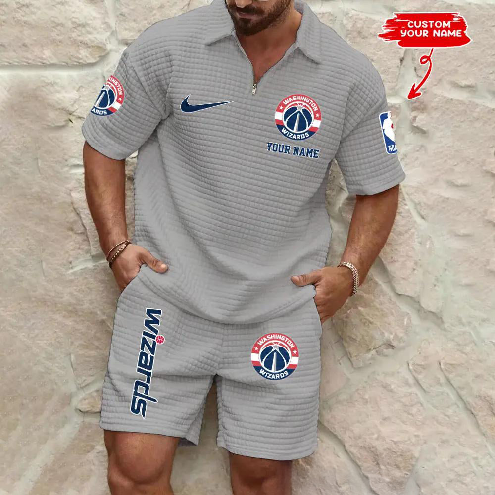 Washington Wizards Men’s Waffle Pattern Half Zipper Shirt And Shorts AZBT2DWSS000203