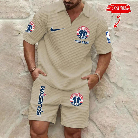 Washington Wizards Men’s Waffle Pattern Half Zipper Shirt And Shorts AZBT2DWSS000203