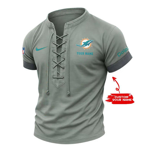 Miami Dolphins Retro Lace-up Short Sleeve T-shirt New Trending 2025 AZBTLUTS000030