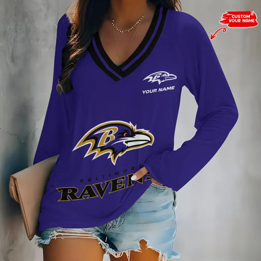 Baltimore Ravens Women Loose V-Neck Long Sleeve Shirt AZBTLVLS000011