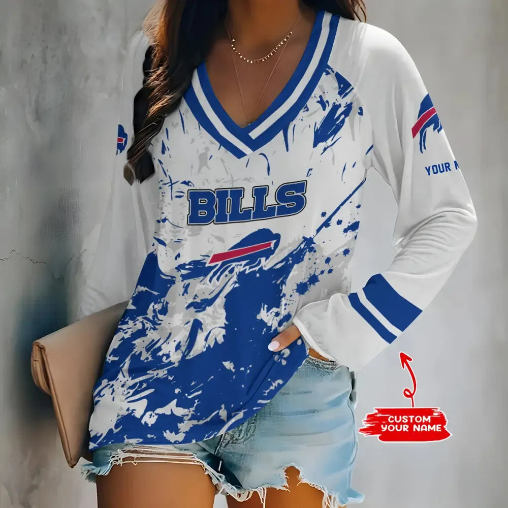 Buffalo Bills Women Loose V-Neck Long Sleeve Shirt AZBTLVLS000014