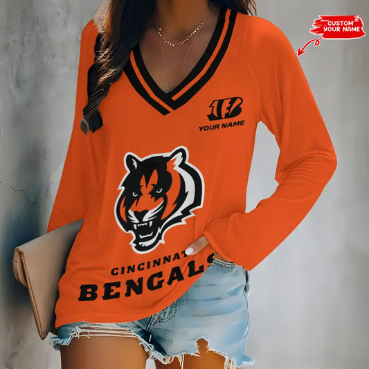 Cincinnati Bengals Women Loose V-Neck Long Sleeve Shirt AZBTLVLS000027