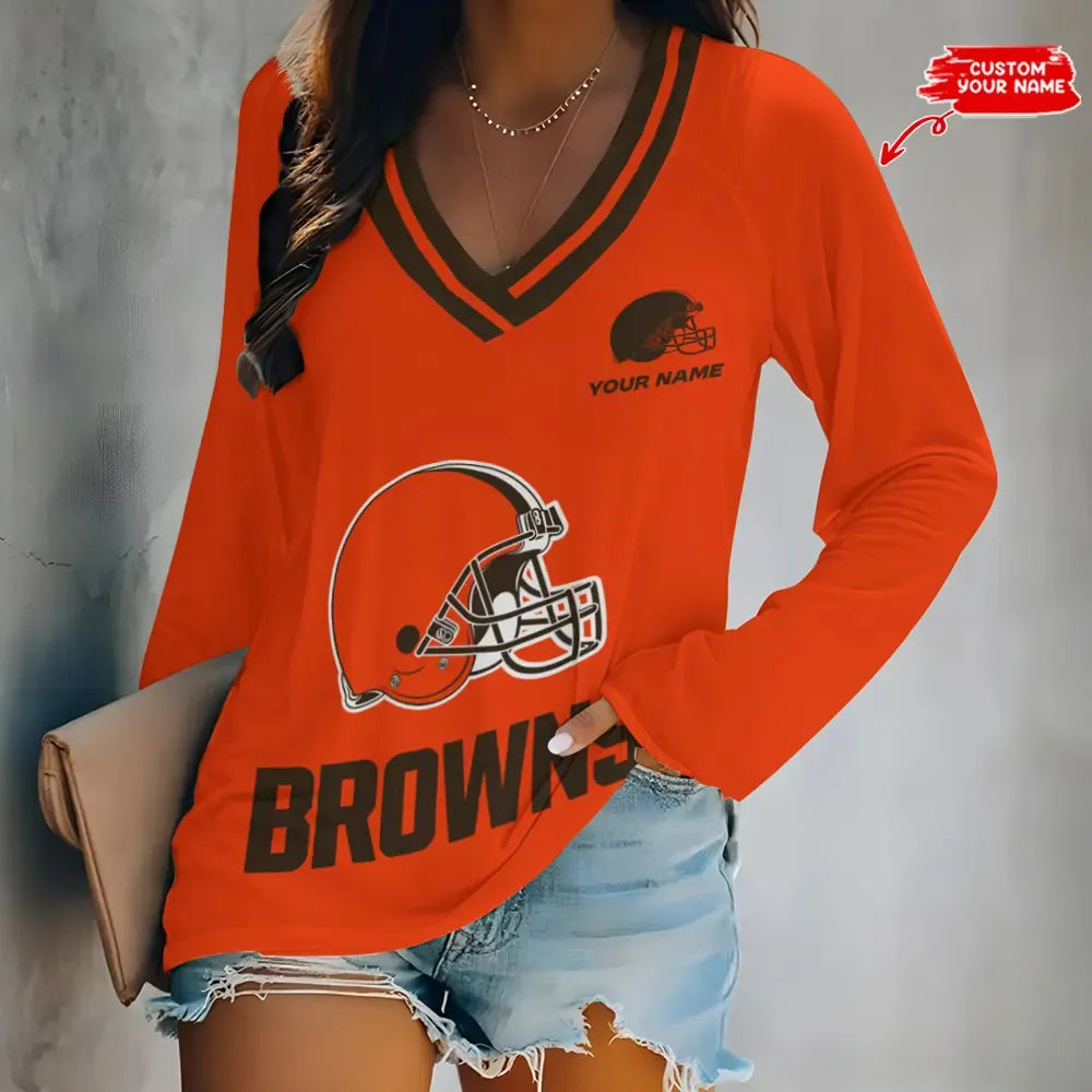 Cleveland Browns Women Loose V-Neck Long Sleeve Shirt AZBTLVLS000031