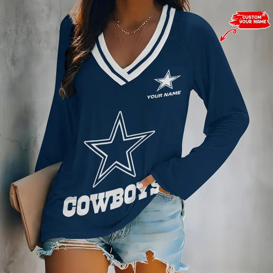 Dallas Cowboys Women Loose V-Neck Long Sleeve Shirt AZBTLVLS000035