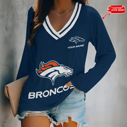 Denver Broncos Women Loose V-Neck Long Sleeve Shirt AZBTLVLS000039