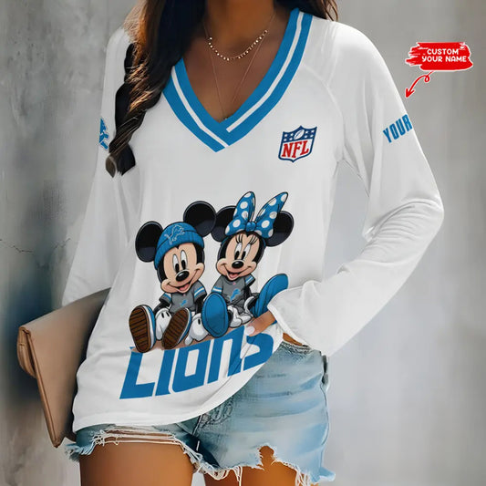 Detroit Lions Women Loose V-Neck Long Sleeve Shirt AZBTLVLS000041