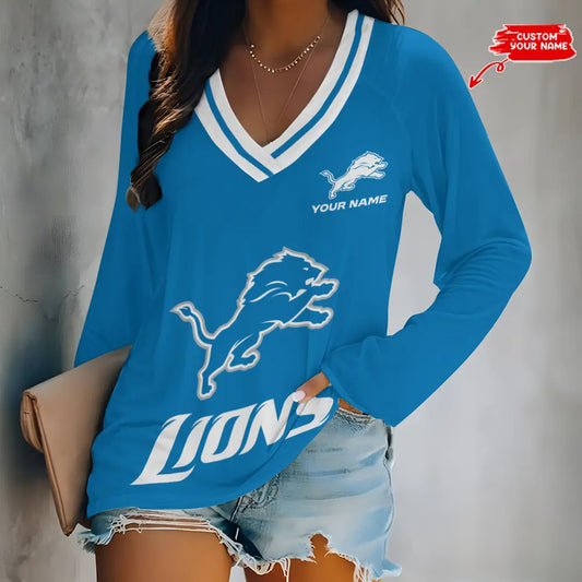 Detroit Lions Women Loose V-Neck Long Sleeve Shirt AZBTLVLS000044
