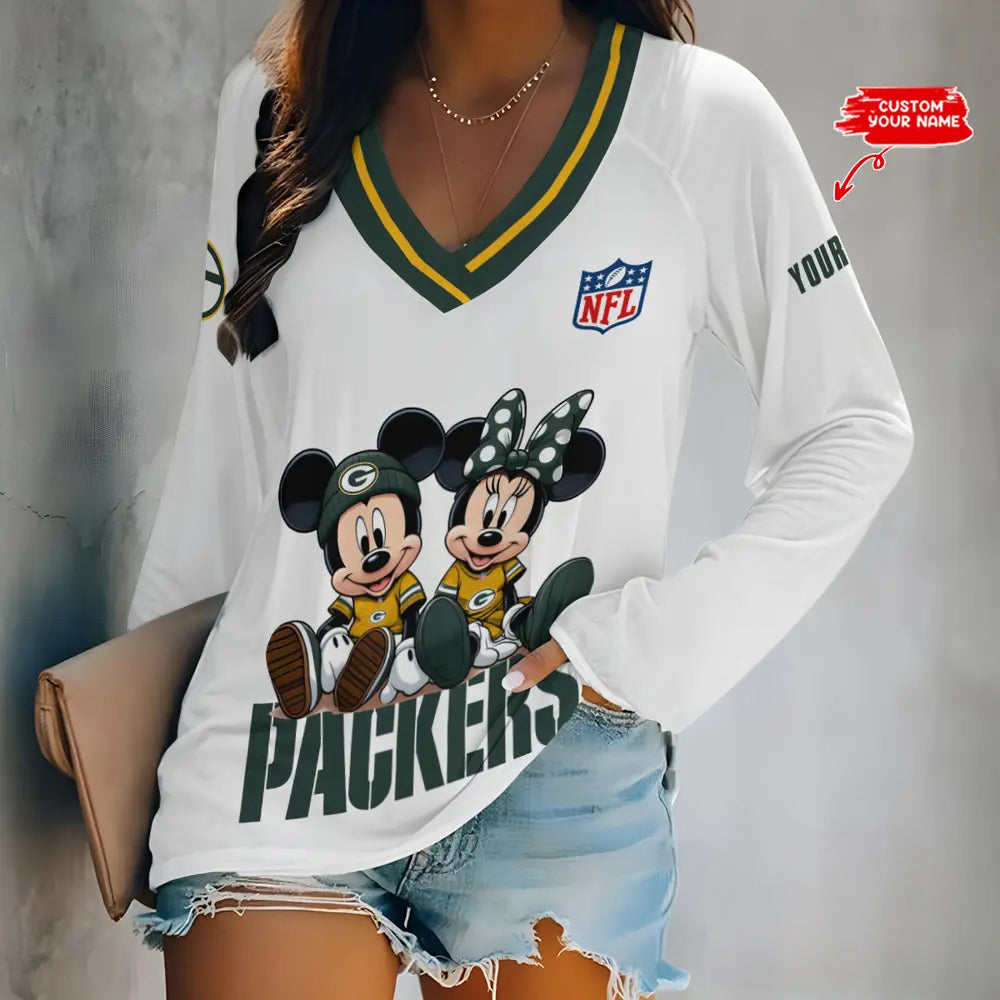 Green Bay Packers Women Loose V-Neck Long Sleeve Shirt AZBTLVLS000045