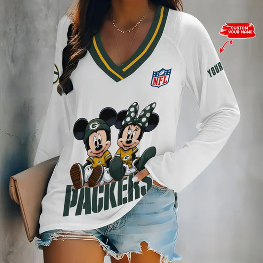 Green Bay Packers Women Loose V-Neck Long Sleeve Shirt AZBTLVLS000045