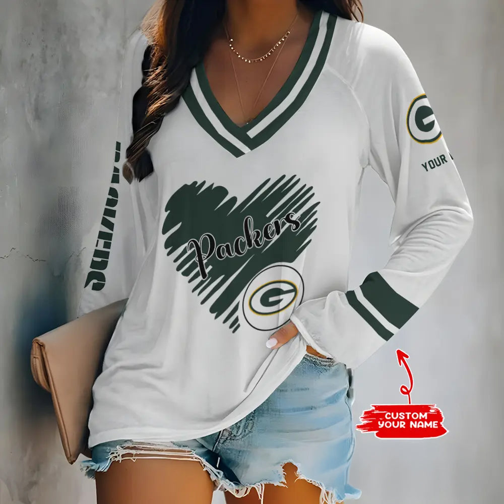 Green Bay Packers Women Loose V-Neck Long Sleeve Shirt AZBTLVLS000046