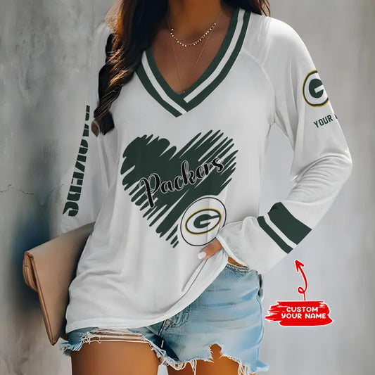 Green Bay Packers Women Loose V-Neck Long Sleeve Shirt AZBTLVLS000046