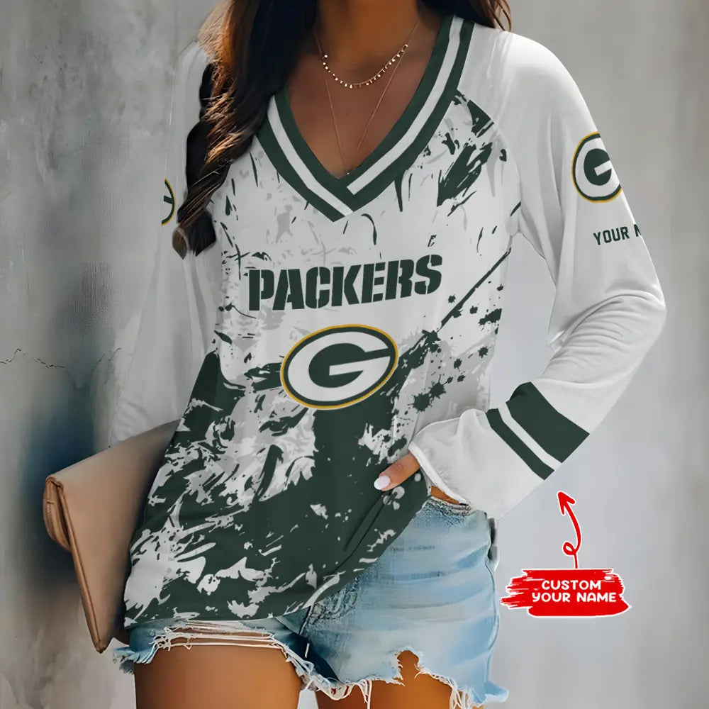 Green Bay Packers Women Loose V-Neck Long Sleeve Shirt AZBTLVLS000047