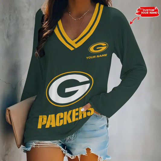 Green Bay Packers Women Loose V-Neck Long Sleeve Shirt AZBTLVLS000048