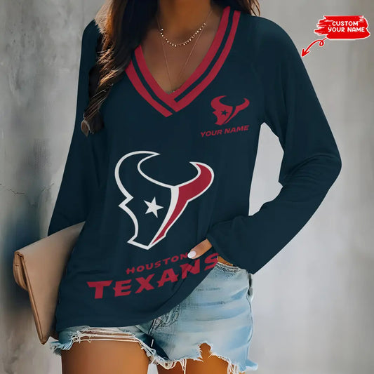 Houston Texans Women Loose V-Neck Long Sleeve Shirt AZBTLVLS000052
