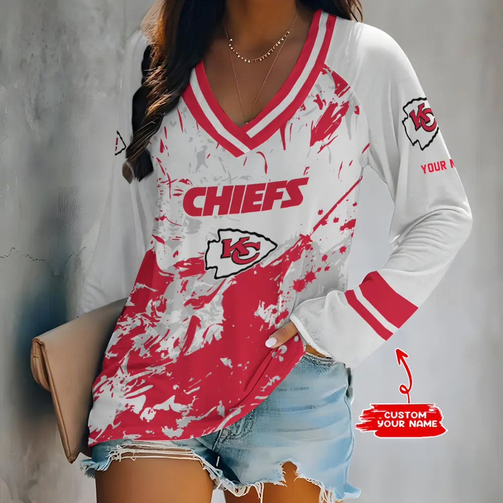 Kansas City Chiefs Women Loose V-Neck Long Sleeve Shirt AZBTLVLS000062