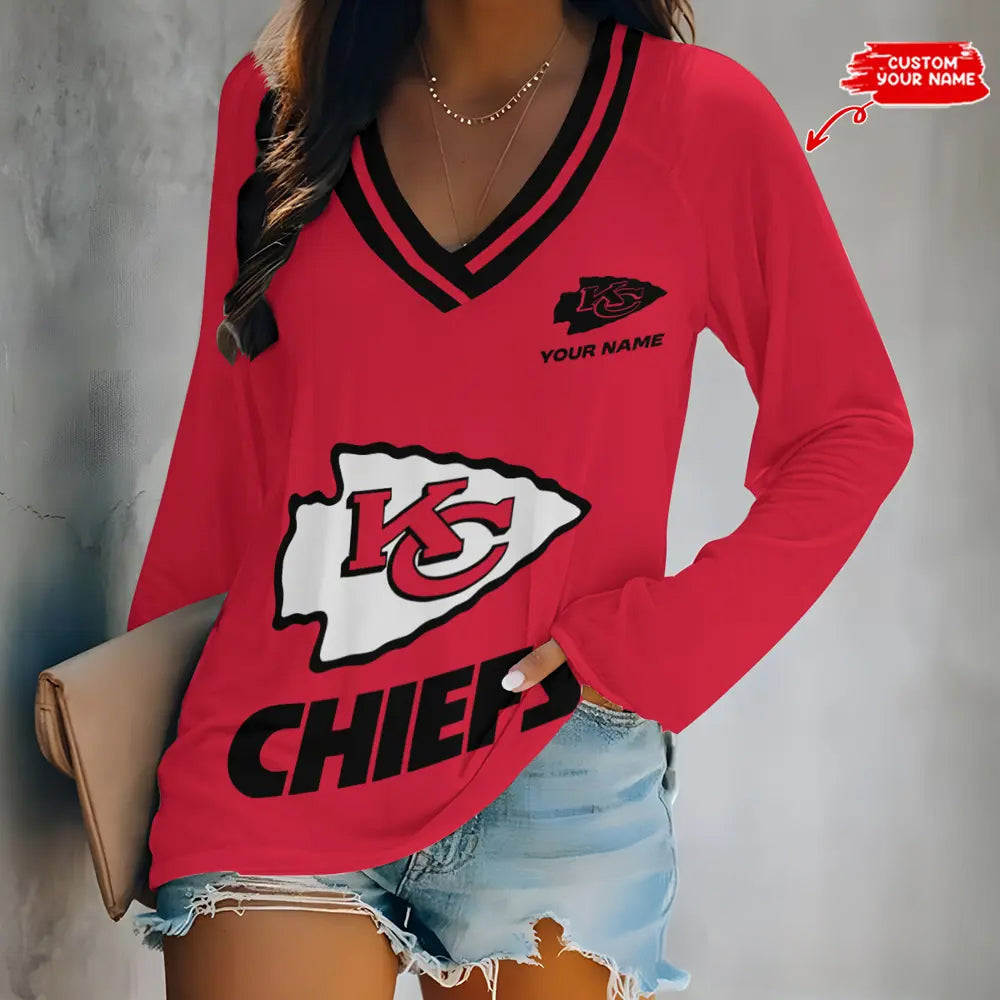 Kansas City Chiefs Women Loose V-Neck Long Sleeve Shirt AZBTLVLS000063