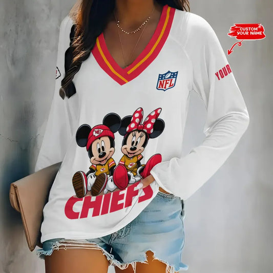 Kansas City Chiefs Women Loose V-Neck Long Sleeve Shirt AZBTLVLS000064