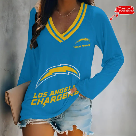Los Angeles Chargers Women Loose V-Neck Long Sleeve Shirt AZBTLVLS000071