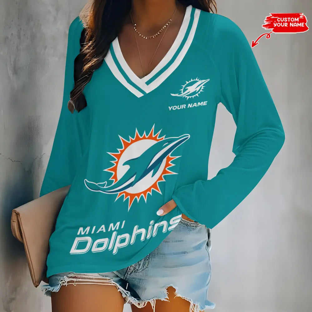 Miami Dolphins Women Loose V-Neck Long Sleeve Shirt AZBTLVLS000079