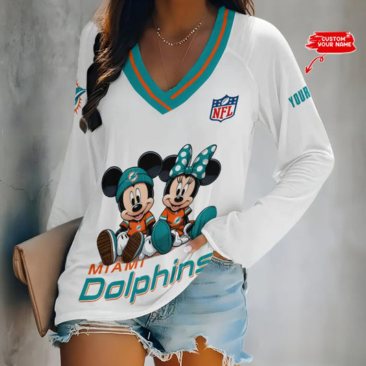 Miami Dolphins Women Loose V-Neck Long Sleeve Shirt AZBTLVLS000080