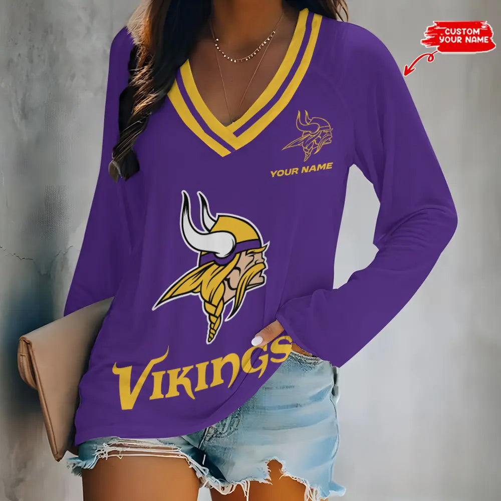 Minnesota Vikings Women Loose V-Neck Long Sleeve Shirt AZBTLVLS000083