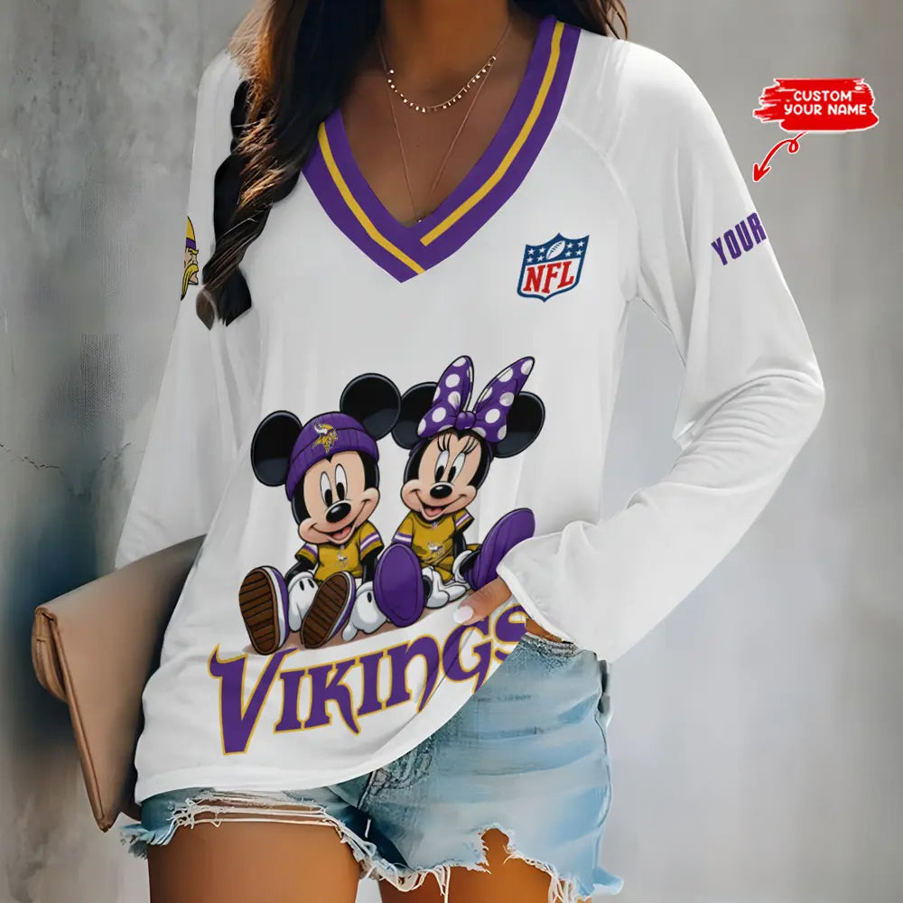 Minnesota Vikings Women Loose V-Neck Long Sleeve Shirt AZBTLVLS000084