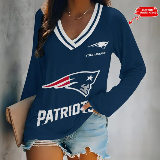 New England Patriots Women Loose V-Neck Long Sleeve Shirt AZBTLVLS000087