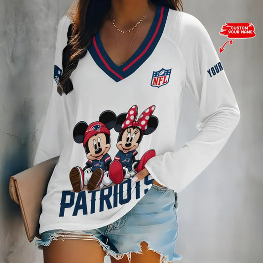 New England Patriots Women Loose V-Neck Long Sleeve Shirt AZBTLVLS000088