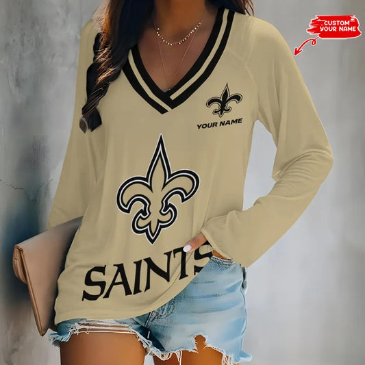 New Orleans Saints Women Loose V-Neck Long Sleeve Shirt AZBTLVLS000091
