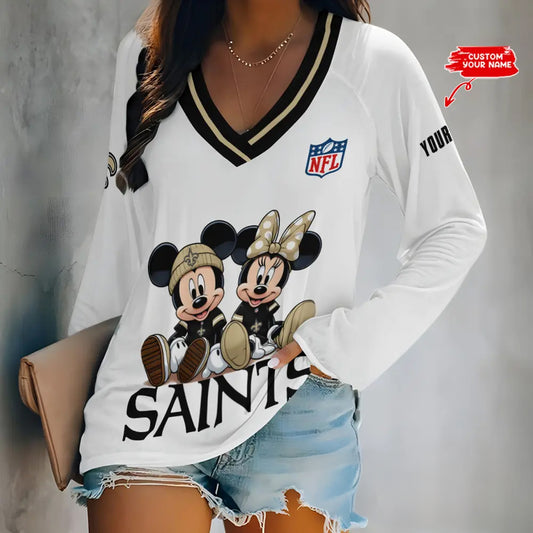 New Orleans Saints Women Loose V-Neck Long Sleeve Shirt AZBTLVLS000092