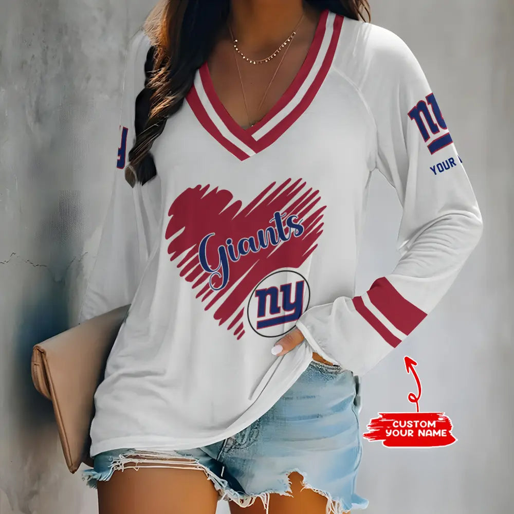 New York Giants Women Loose V-Neck Long Sleeve Shirt AZBTLVLS000093