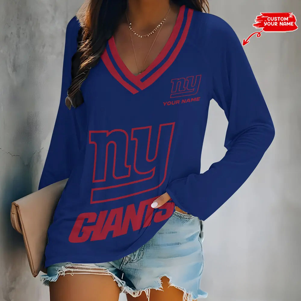 New York Giants Women Loose V-Neck Long Sleeve Shirt AZBTLVLS000095