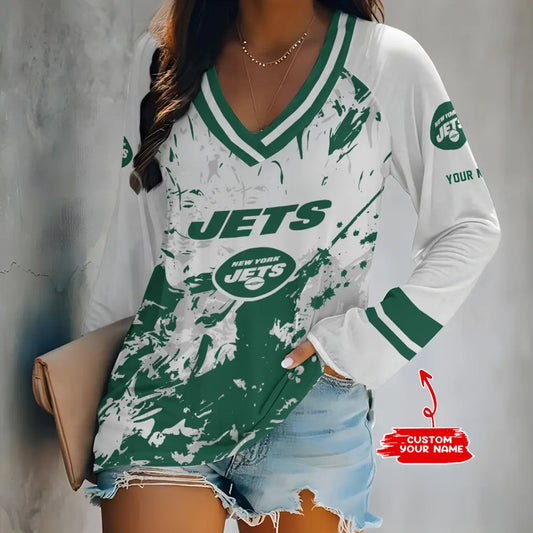 New York Jets Women Loose V-Neck Long Sleeve Shirt AZBTLVLS000098
