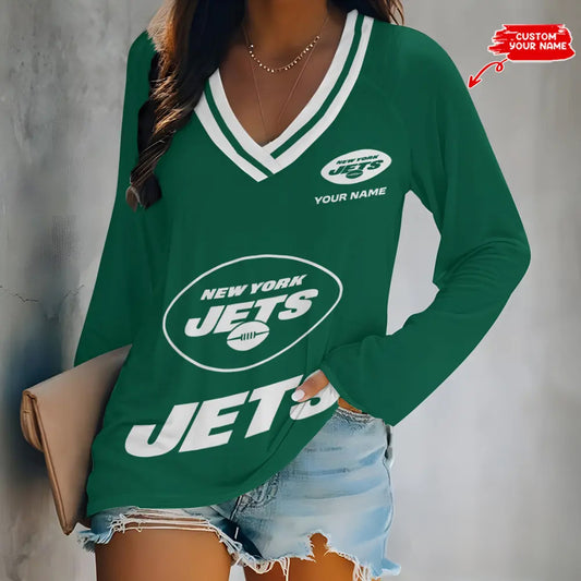 New York Jets Women Loose V-Neck Long Sleeve Shirt AZBTLVLS000099