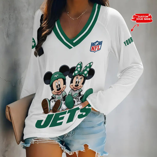 New York Jets Women Loose V-Neck Long Sleeve Shirt AZBTLVLS000100