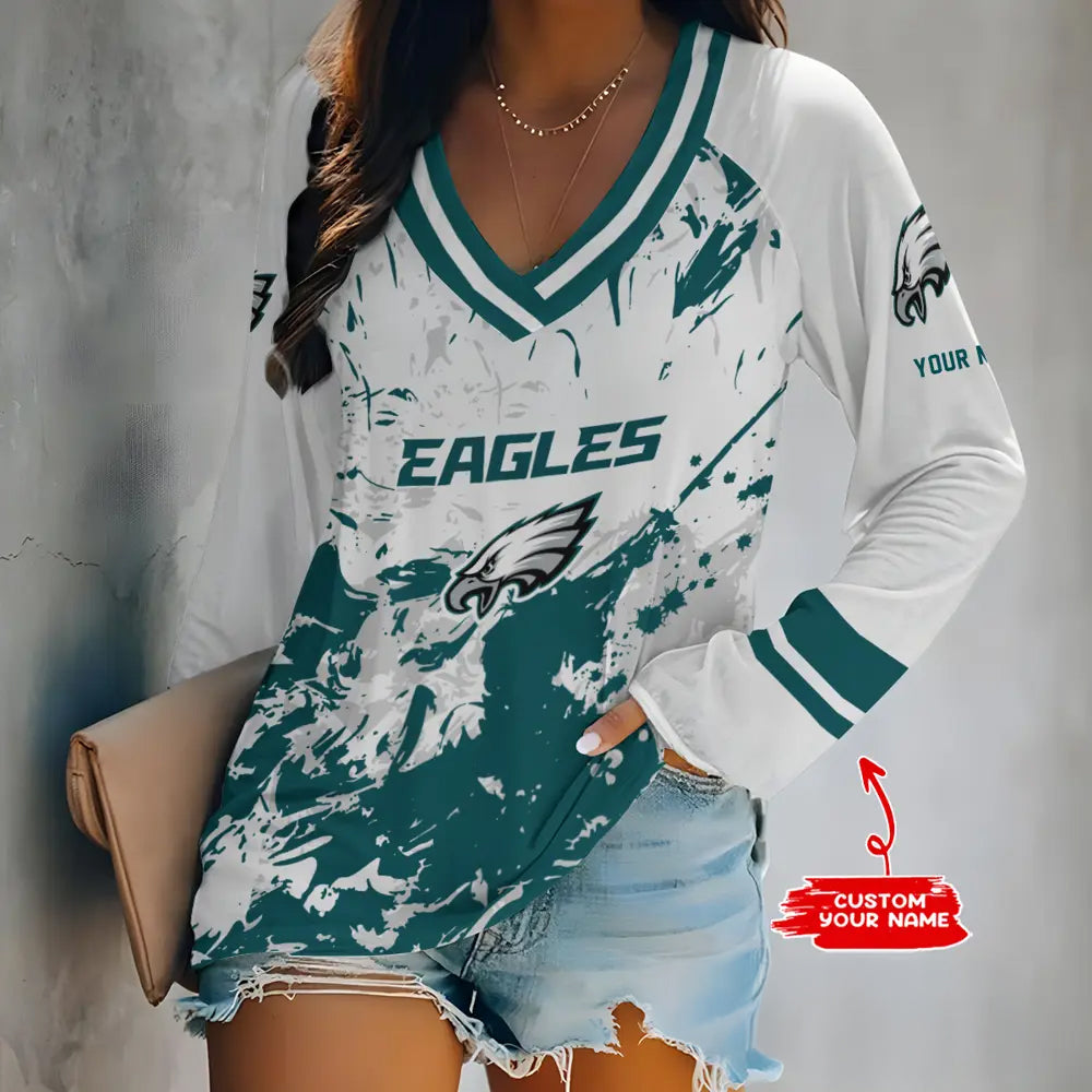 Philadelphia Eagles Women Loose V-Neck Long Sleeve Shirt AZBTLVLS000102