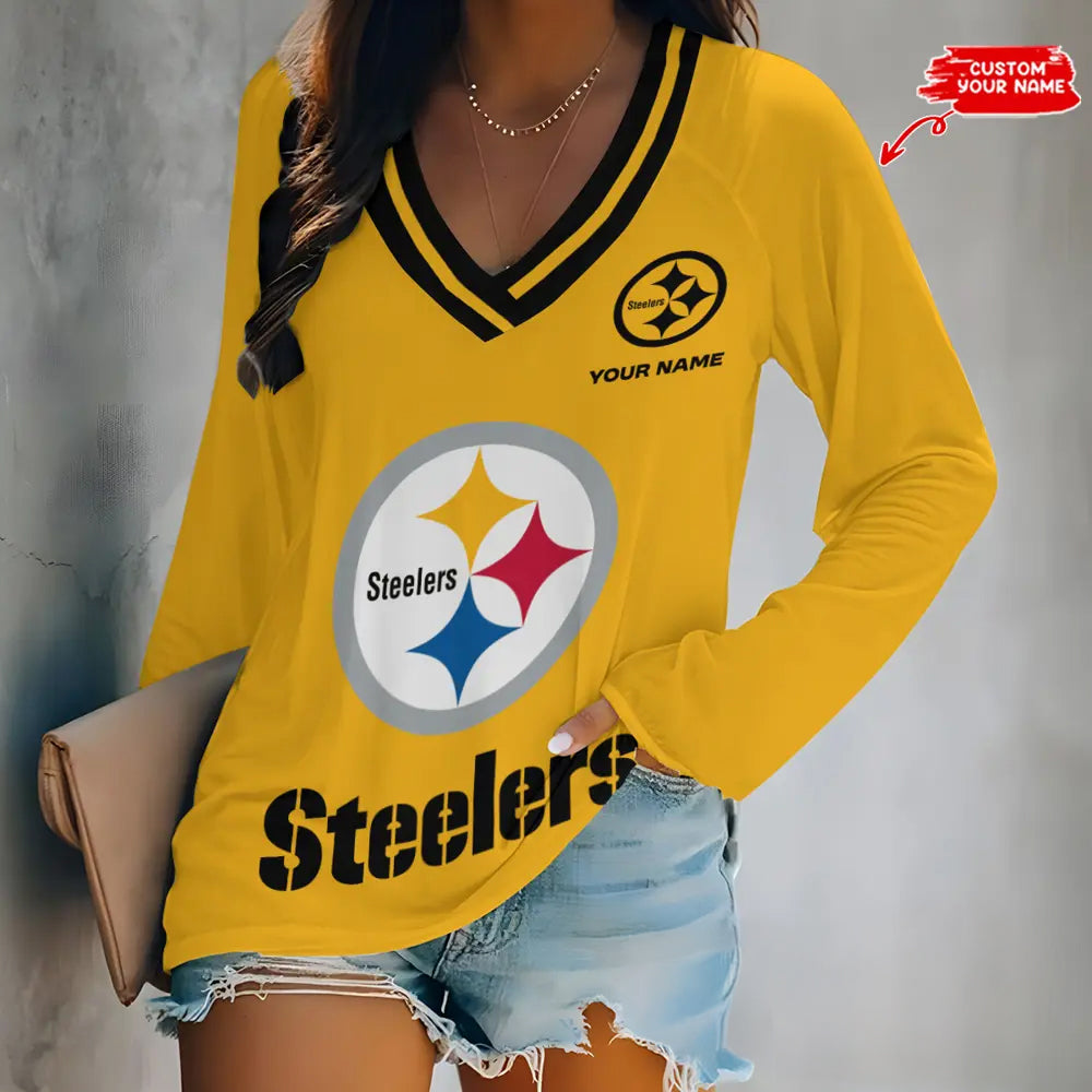 Pittsburgh Steelers Women Loose V-Neck Long Sleeve Shirt AZBTLVLS000106