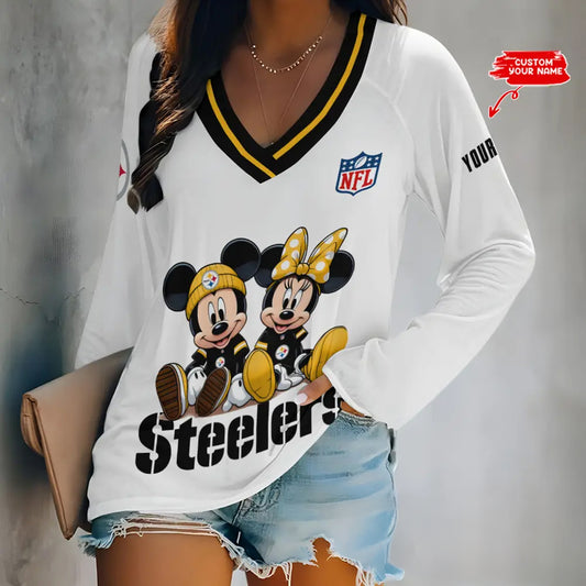 Pittsburgh Steelers Women Loose V-Neck Long Sleeve Shirt AZBTLVLS000108