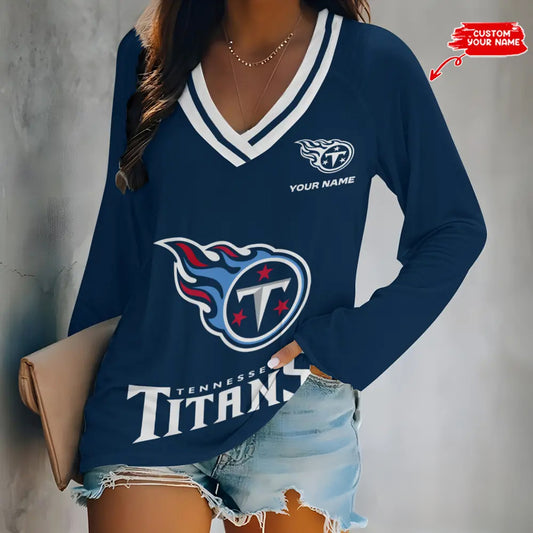 Tennessee Titans Women Loose V-Neck Long Sleeve Shirt AZBTLVLS000123