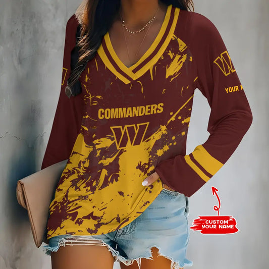 Washington Commanders Women Loose V-Neck Long Sleeve Shirt AZBTLVLS000126