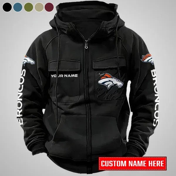 Denver Broncos New Personalized Multi-Pockets Zip-Up Hoodie AZBTMZUHD000001