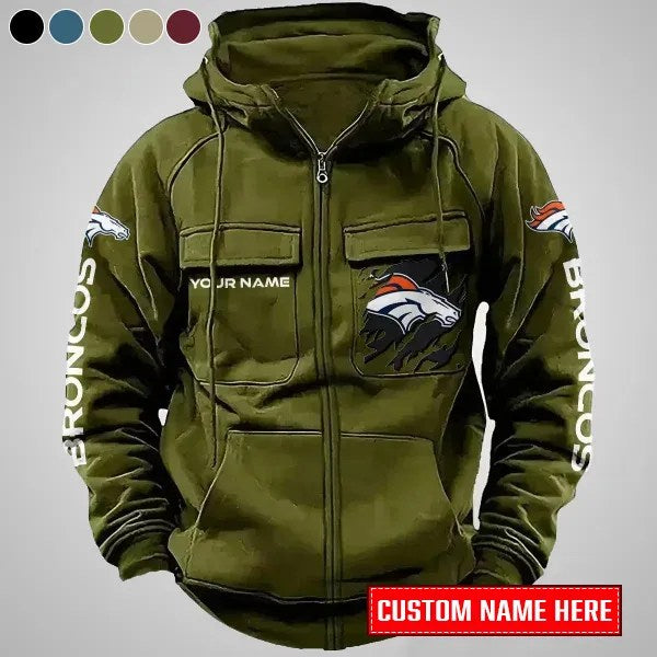 Denver Broncos New Personalized Multi-Pockets Zip-Up Hoodie AZBTMZUHD000001