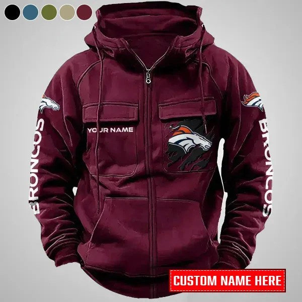 Denver Broncos New Personalized Multi-Pockets Zip-Up Hoodie AZBTMZUHD000001