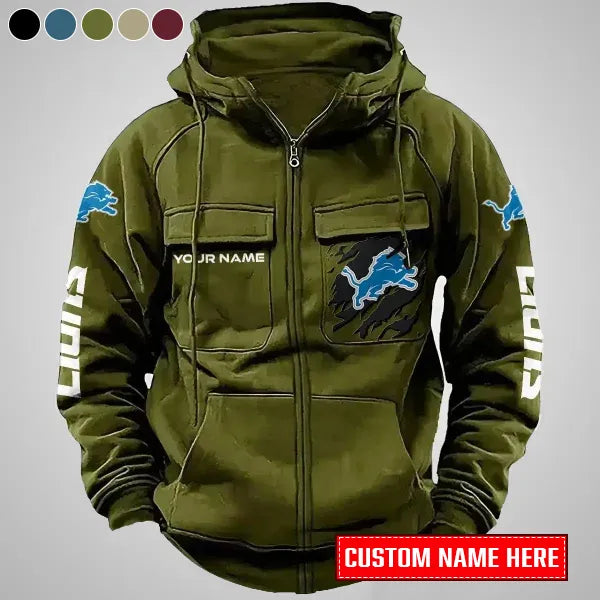 Detroit Lions New Personalized Multi-Pockets Zip-Up Hoodie AZBTMZUHD000002