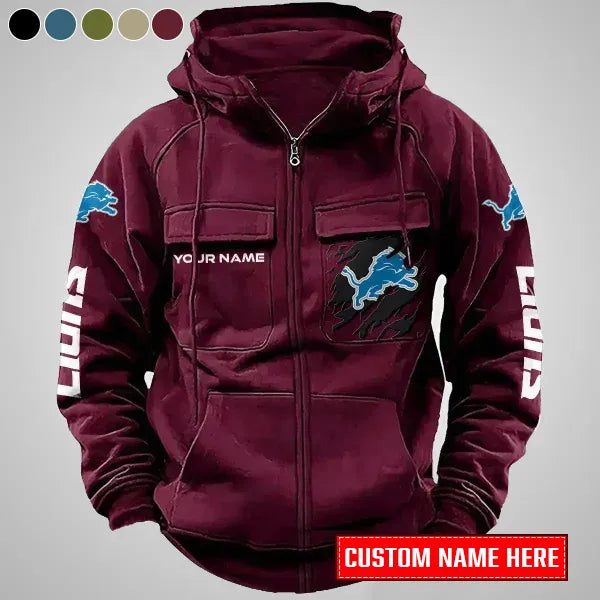 Detroit Lions New Personalized Multi-Pockets Zip-Up Hoodie AZBTMZUHD000002