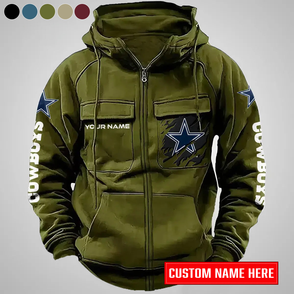 Dallas Cowboys New Personalized Multi-Pockets Zip-Up Hoodie AZBTMZUHD000004
