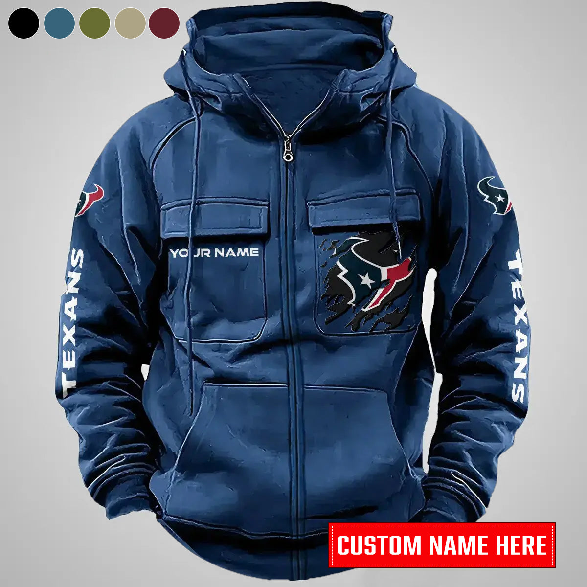 Houston Texans New Personalized Multi-Pockets Zip-Up Hoodie AZBTMZUHD000006