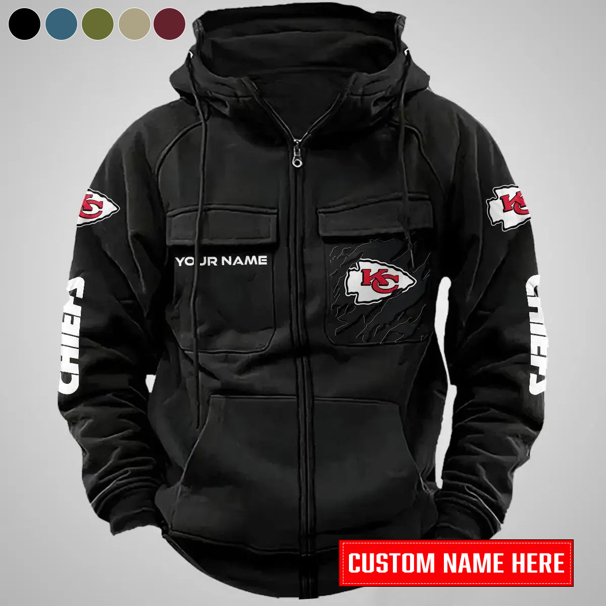 Kansas City Chiefs New Personalized Multi-Pockets Zip-Up Hoodie AZBTMZUHD000008