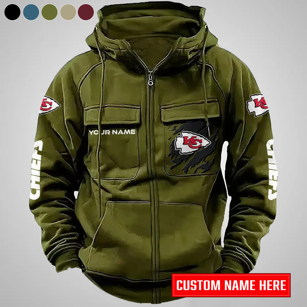 Kansas City Chiefs New Personalized Multi-Pockets Zip-Up Hoodie AZBTMZUHD000008